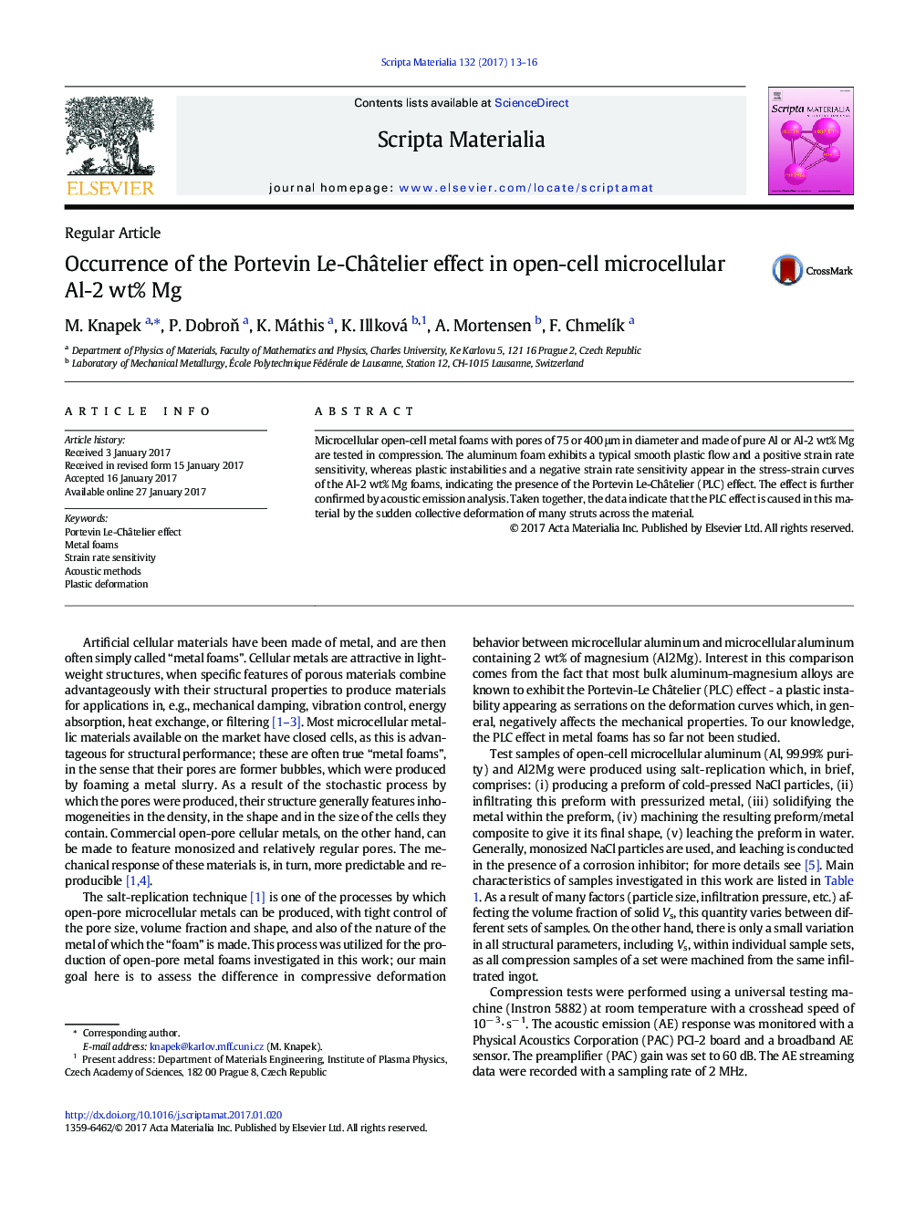 Regular ArticleOccurrence of the Portevin Le-ChÃ¢telier effect in open-cell microcellular Al-2Â wt% Mg