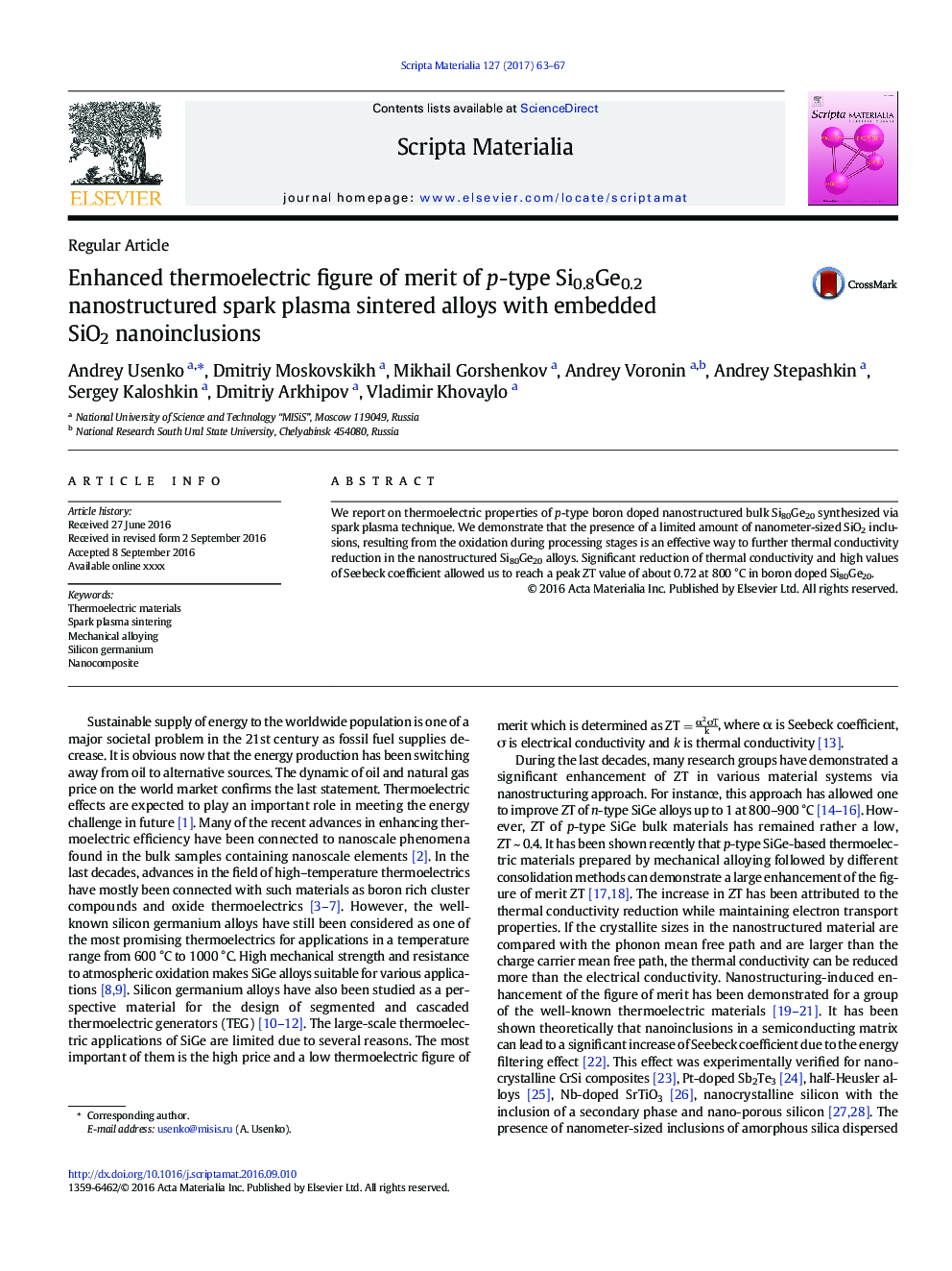 Enhanced thermoelectric figure of merit of p-type Si0.8Ge0.2 nanostructured spark plasma sintered alloys with embedded SiO2 nanoinclusions