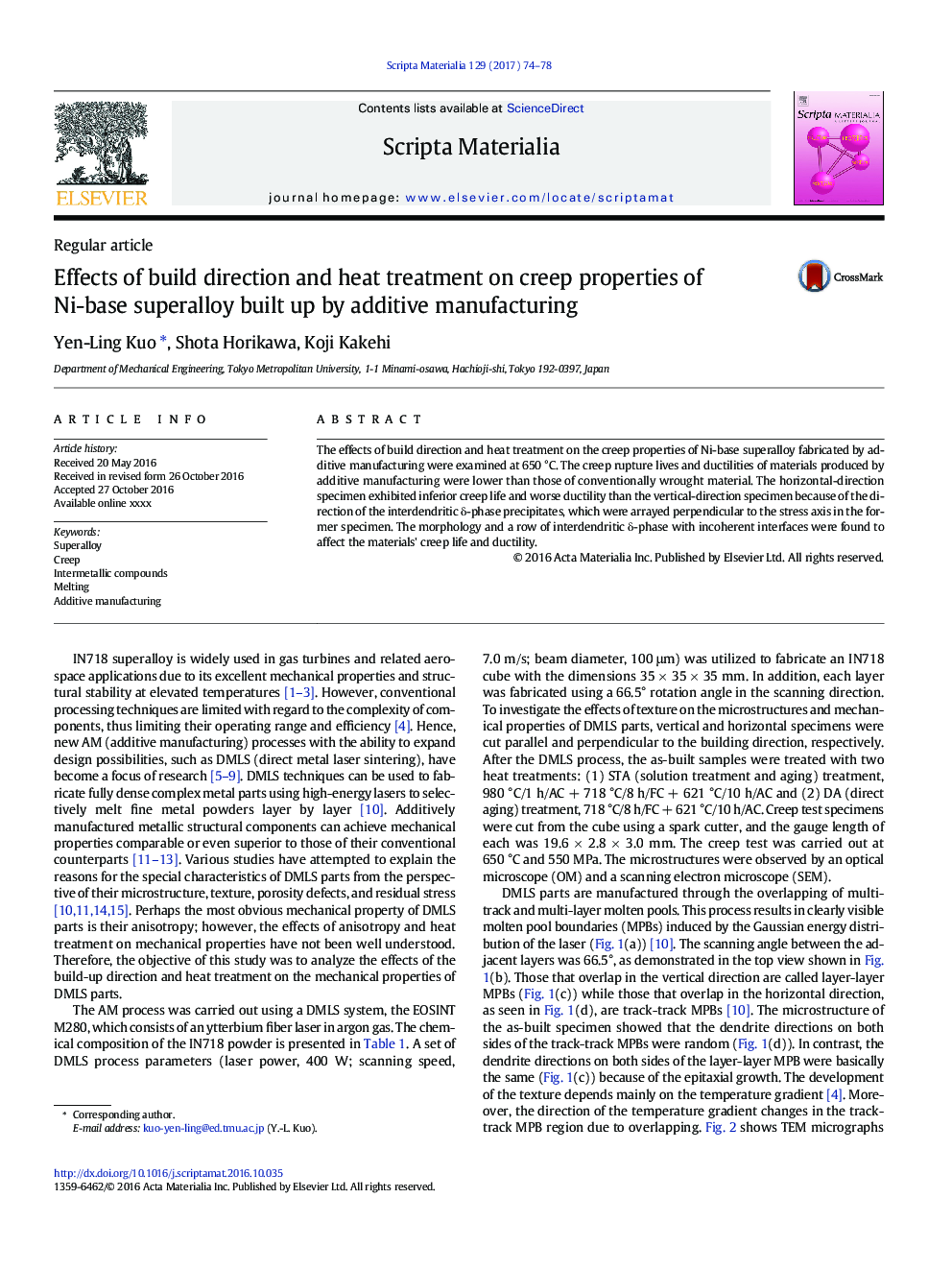 Effects of build direction and heat treatment on creep properties of Ni-base superalloy built up by additive manufacturing