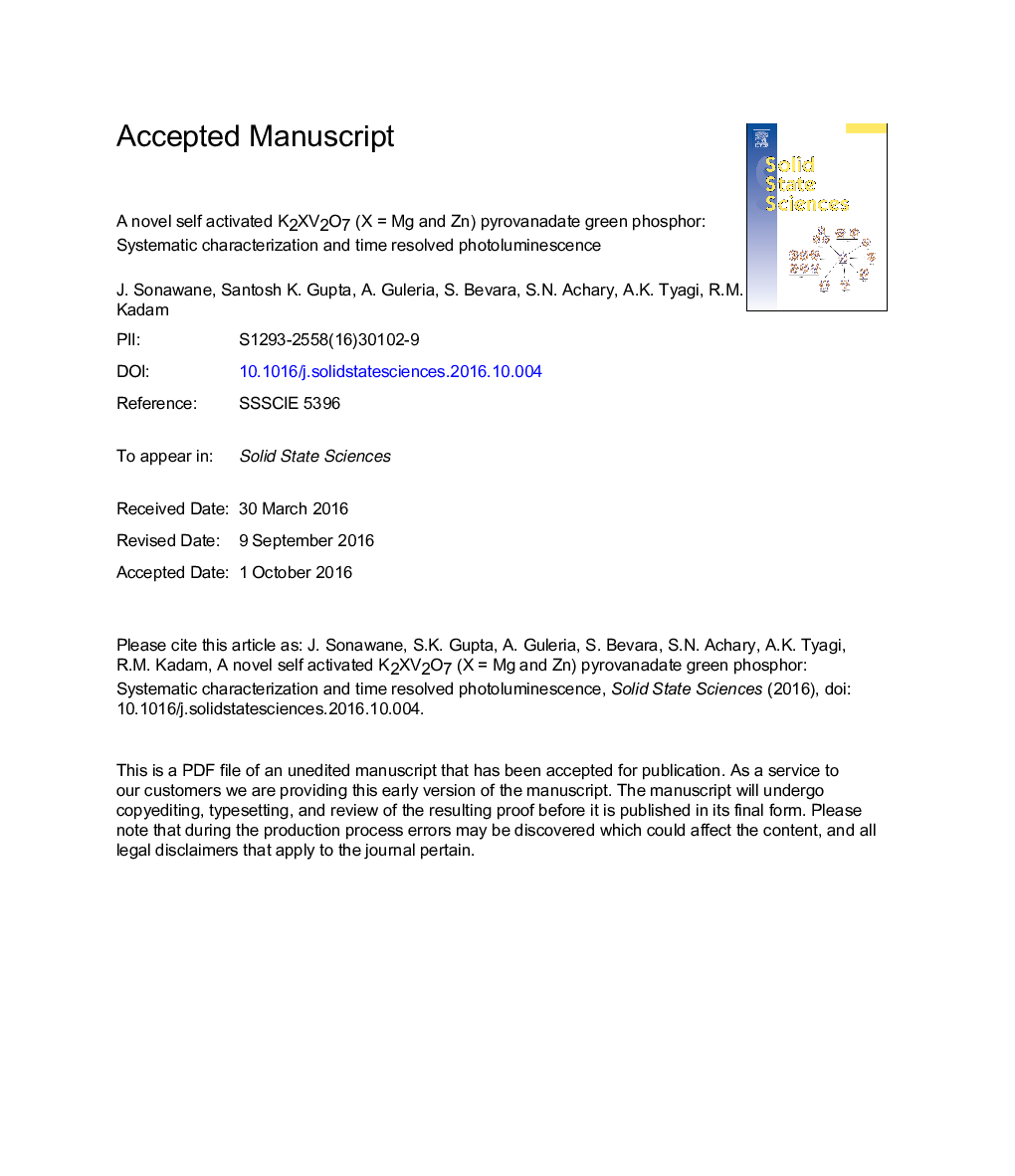 A novel self activated K2XV2O7 (XÂ =Â Mg and Zn) pyrovanadate green phosphor: Systematic characterization and time resolved photoluminescence