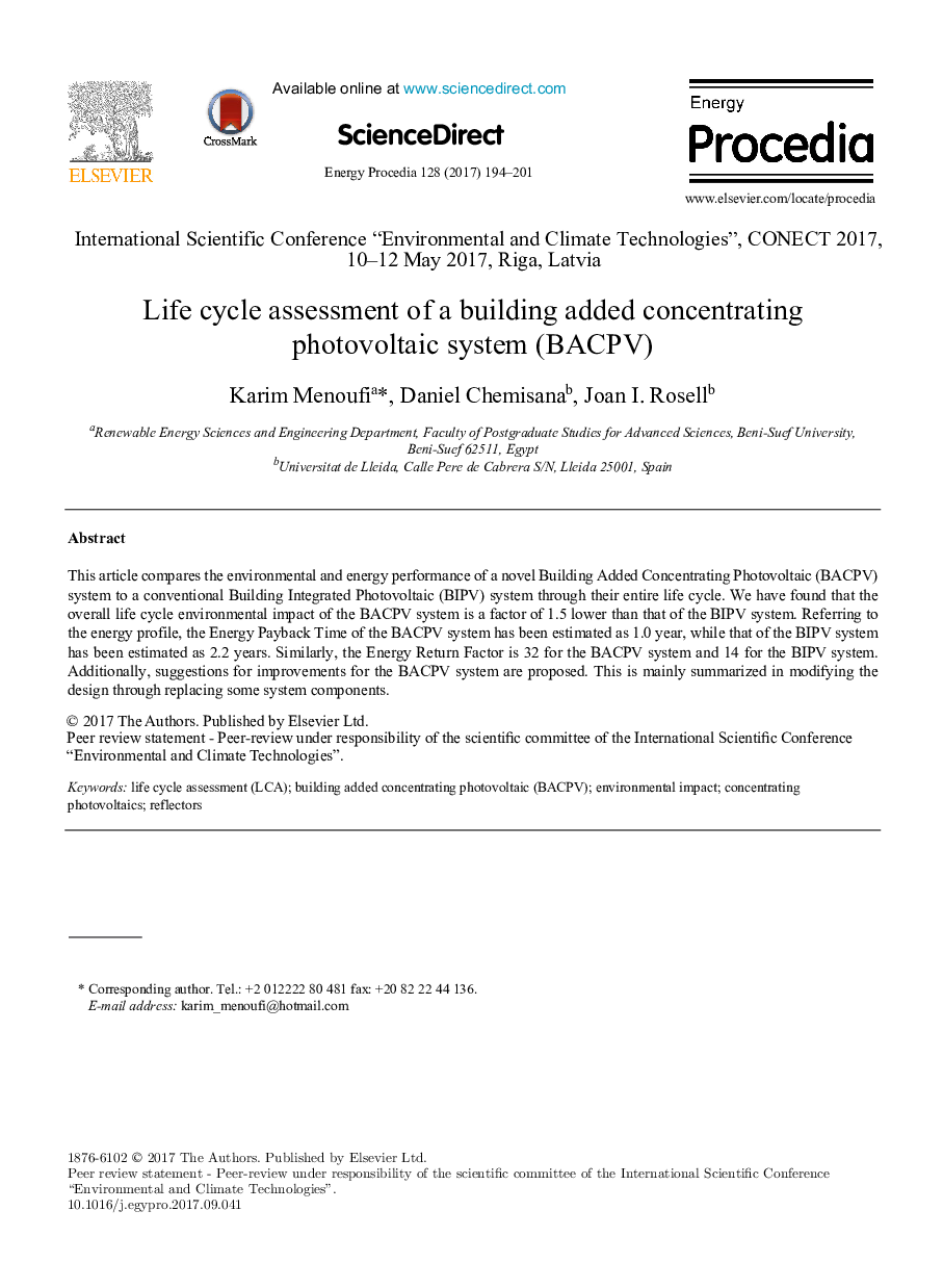 Life cycle assessment of a building added concentrating photovoltaic system (BACPV)