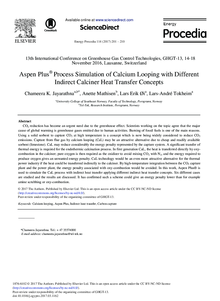 Aspen Plus® Process Simulation of Calcium Looping with Different Indirect Calciner Heat Transfer Concepts
