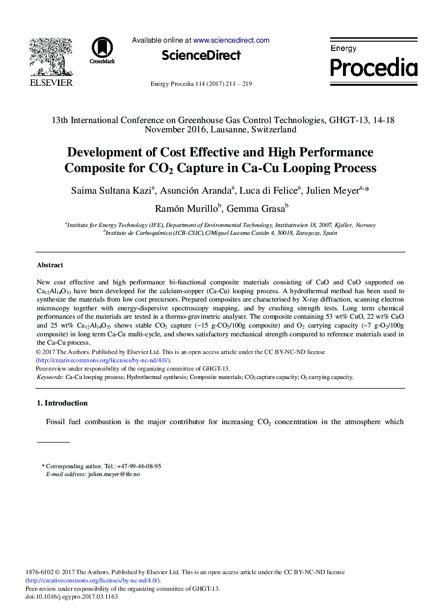 Development of Cost Effective and High Performance Composite for CO2 Capture in Ca-Cu Looping Process
