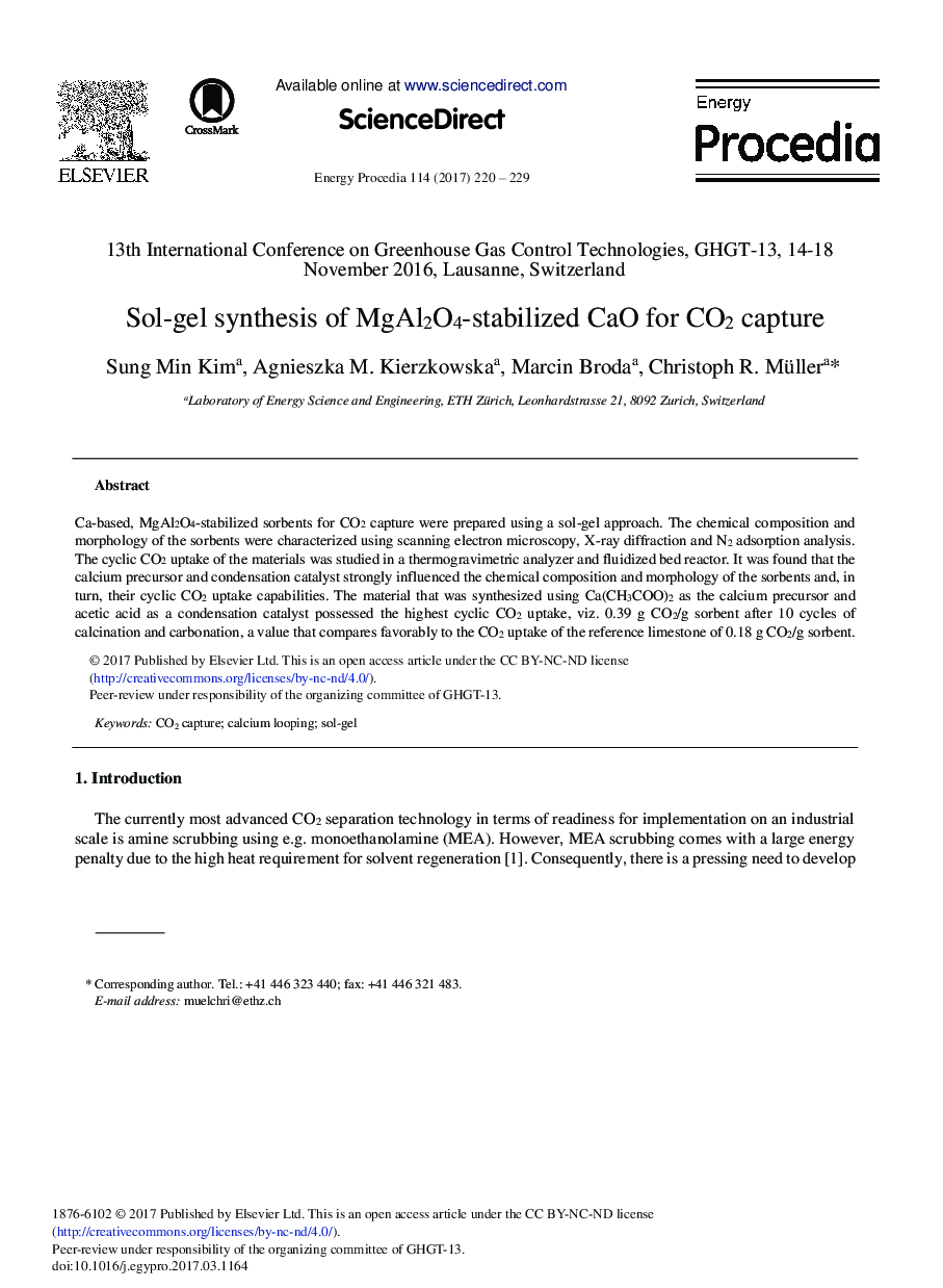 Sol-gel Synthesis of MgAl2O4-stabilized CaO for CO2 Capture