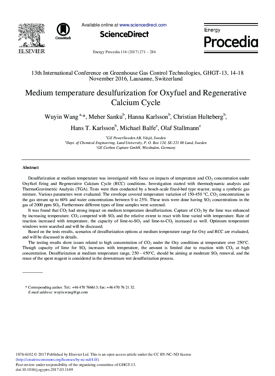 Medium Temperature Desulfurization for Oxyfuel and Regenerative Calcium Cycle