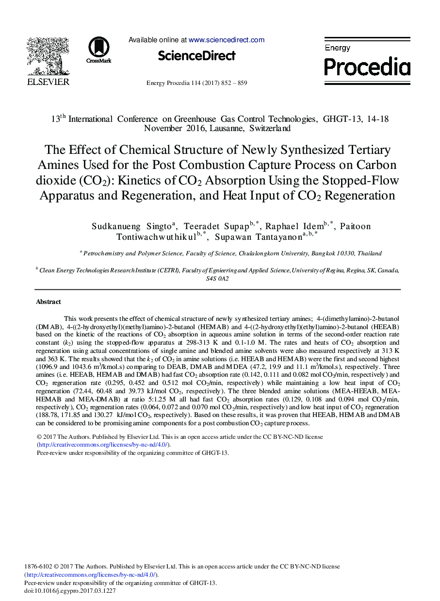 The Effect of Chemical Structure of Newly Synthesized Tertiary Amines Used for the Post Combustion Capture Process on Carbon dioxide (CO2): Kinetics of CO2 Absorption Using the Stopped-Flow Apparatus and Regeneration, and Heat Input of CO2 Regeneration