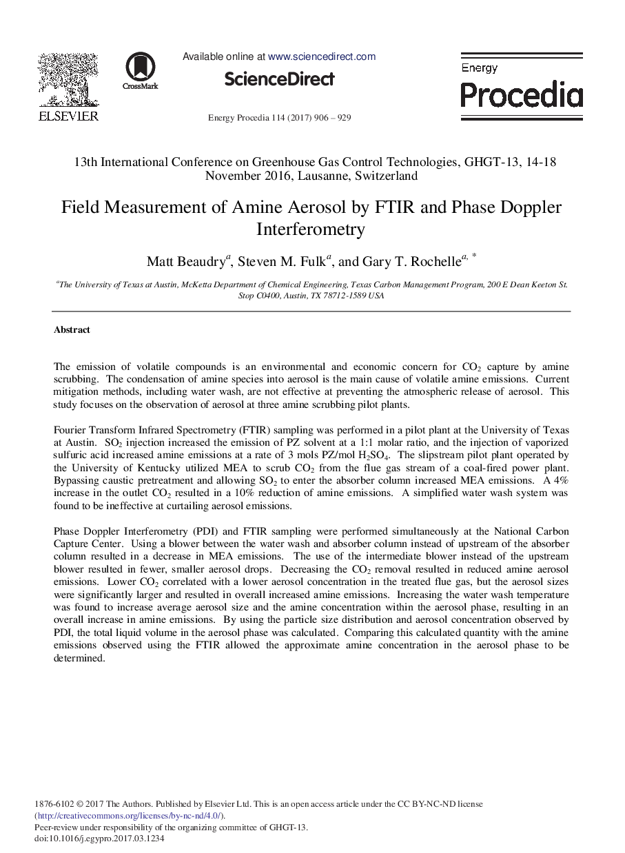 Field Measurement of Amine Aerosol by FTIR and Phase Doppler Interferometry
