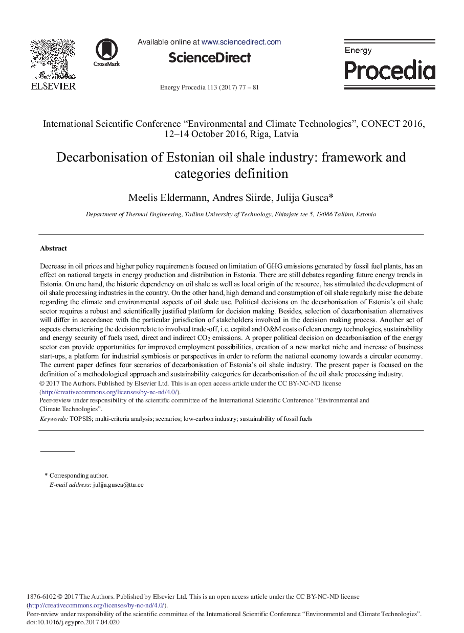 Decarbonisation of Estonian Oil Shale Industry: Framework and Categories Definition