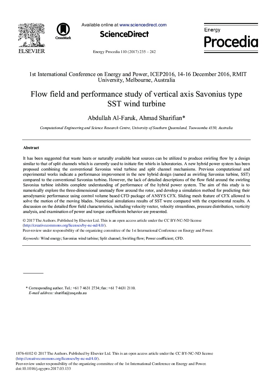 Flow Field and Performance Study of Vertical Axis Savonius Type SST Wind Turbine