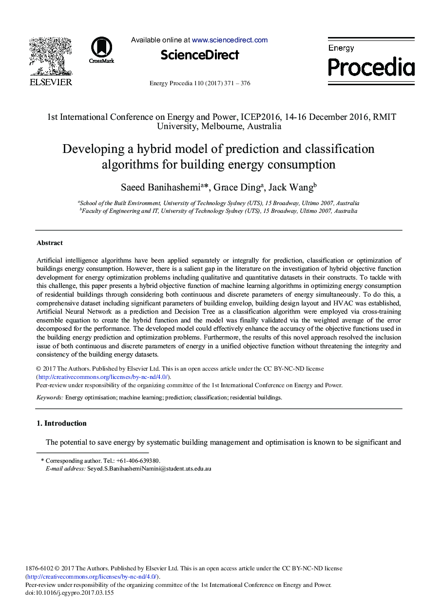 توسعه یک مدل ترکیبی الگوریتم پیش بینی و طبقه بندی برای مصرف انرژی 