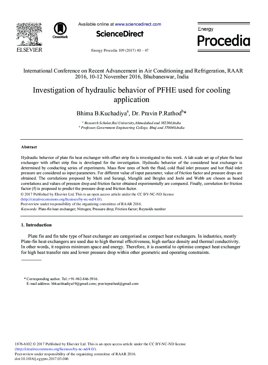 Investigation of Hydraulic Behavior of PFHE Used for Cooling Application