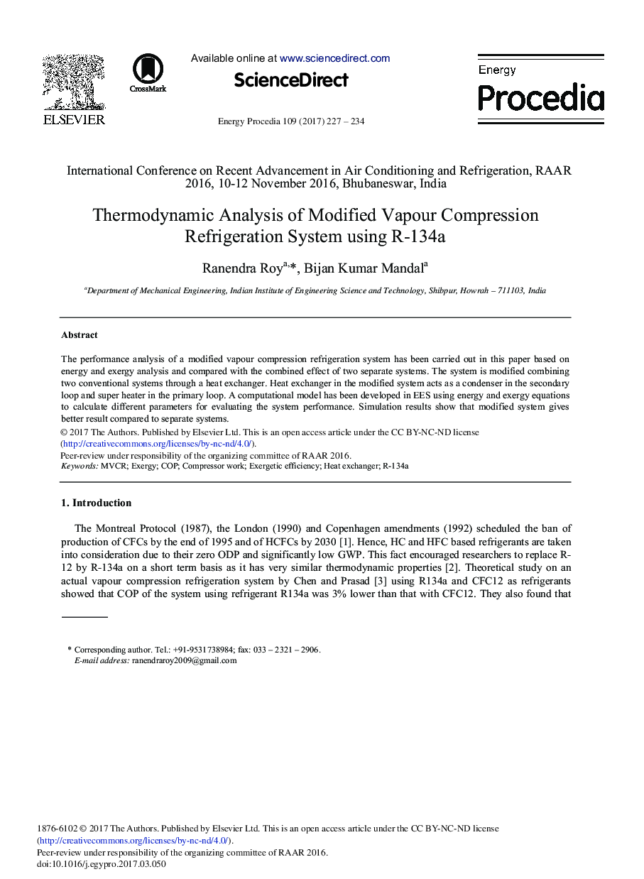 Thermodynamic Analysis of Modified Vapour Compression Refrigeration System Using R-134a