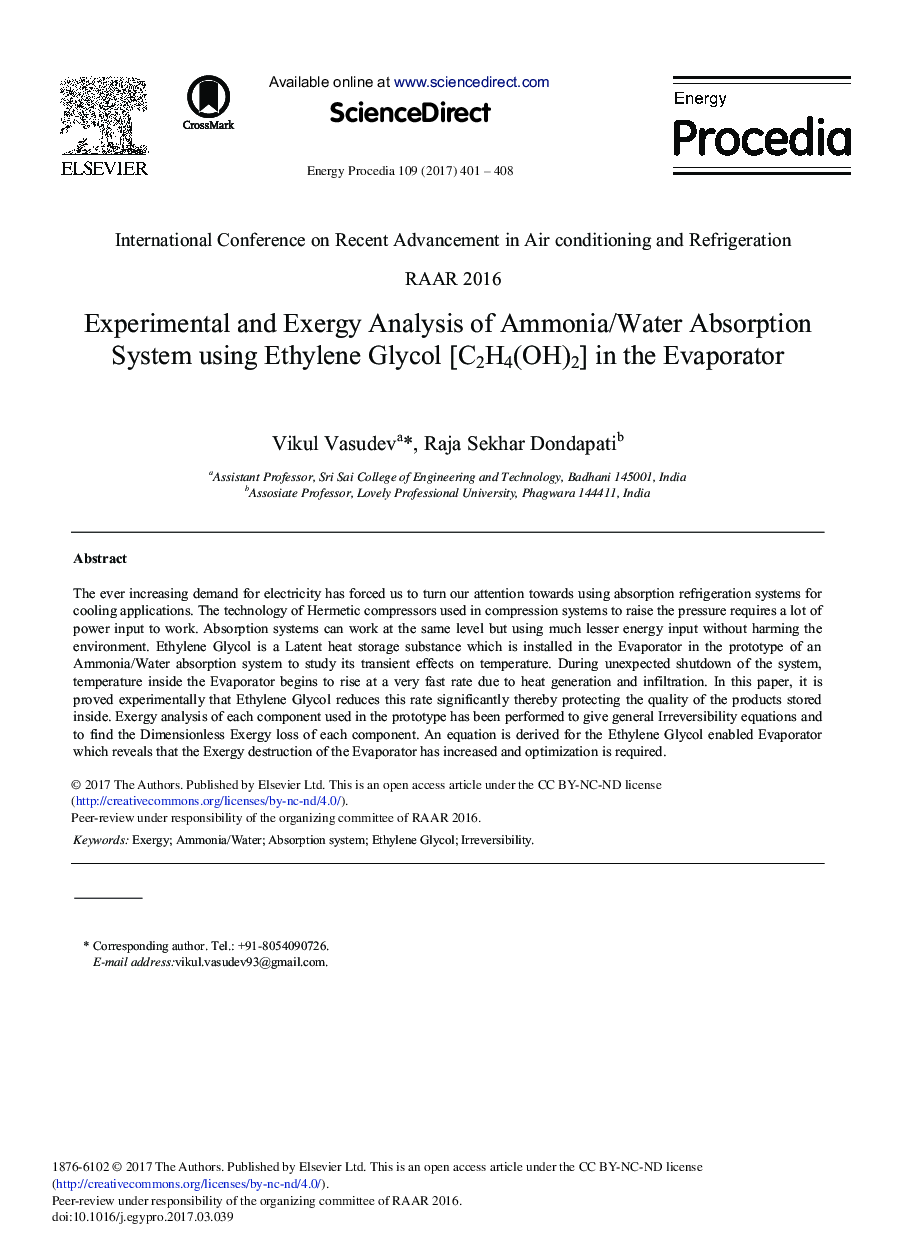 Experimental and Exergy Analysis of Ammonia/Water Absorption System Using Ethylene Glycol [C2H4(OH)2] in the Evaporator