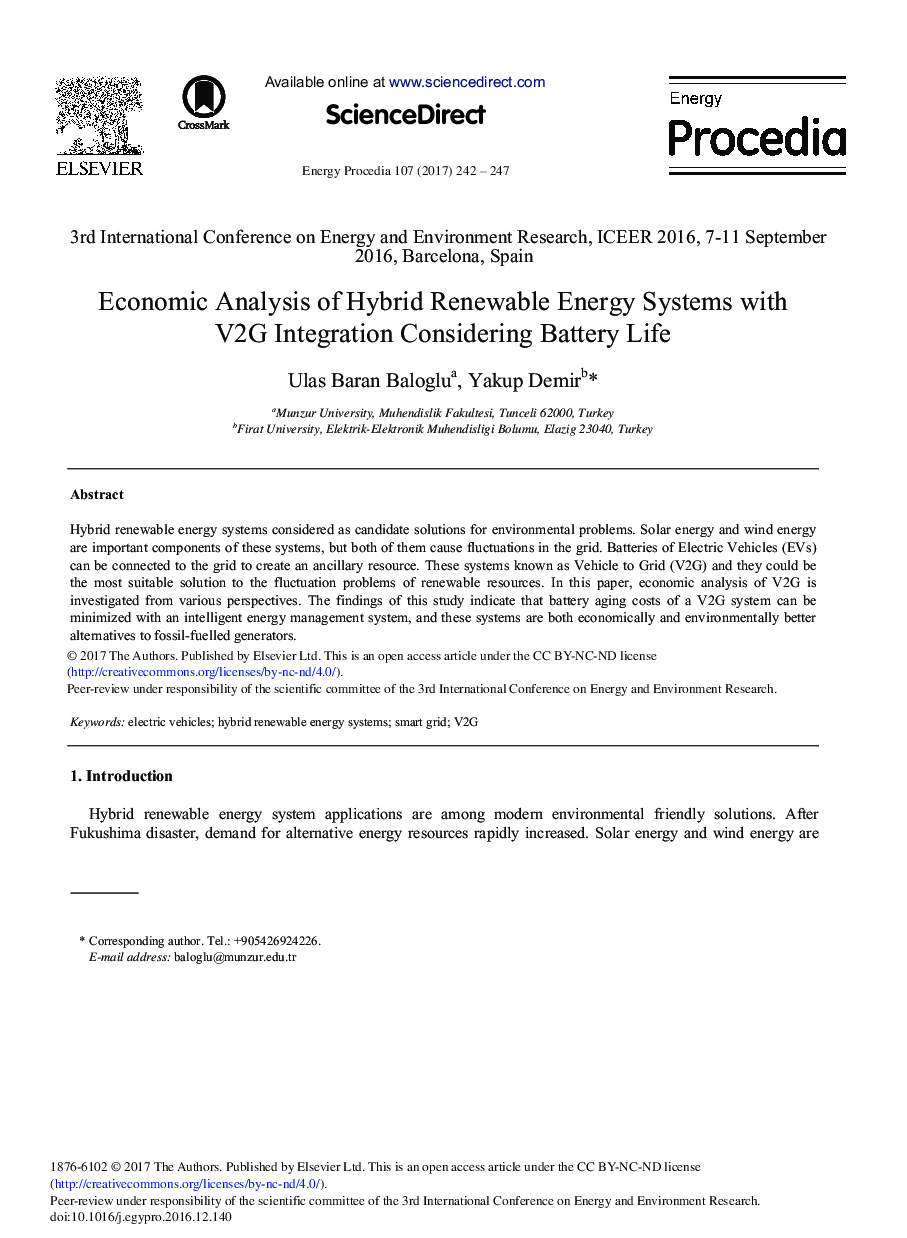 Economic Analysis of Hybrid Renewable Energy Systems with V2G Integration Considering Battery Life