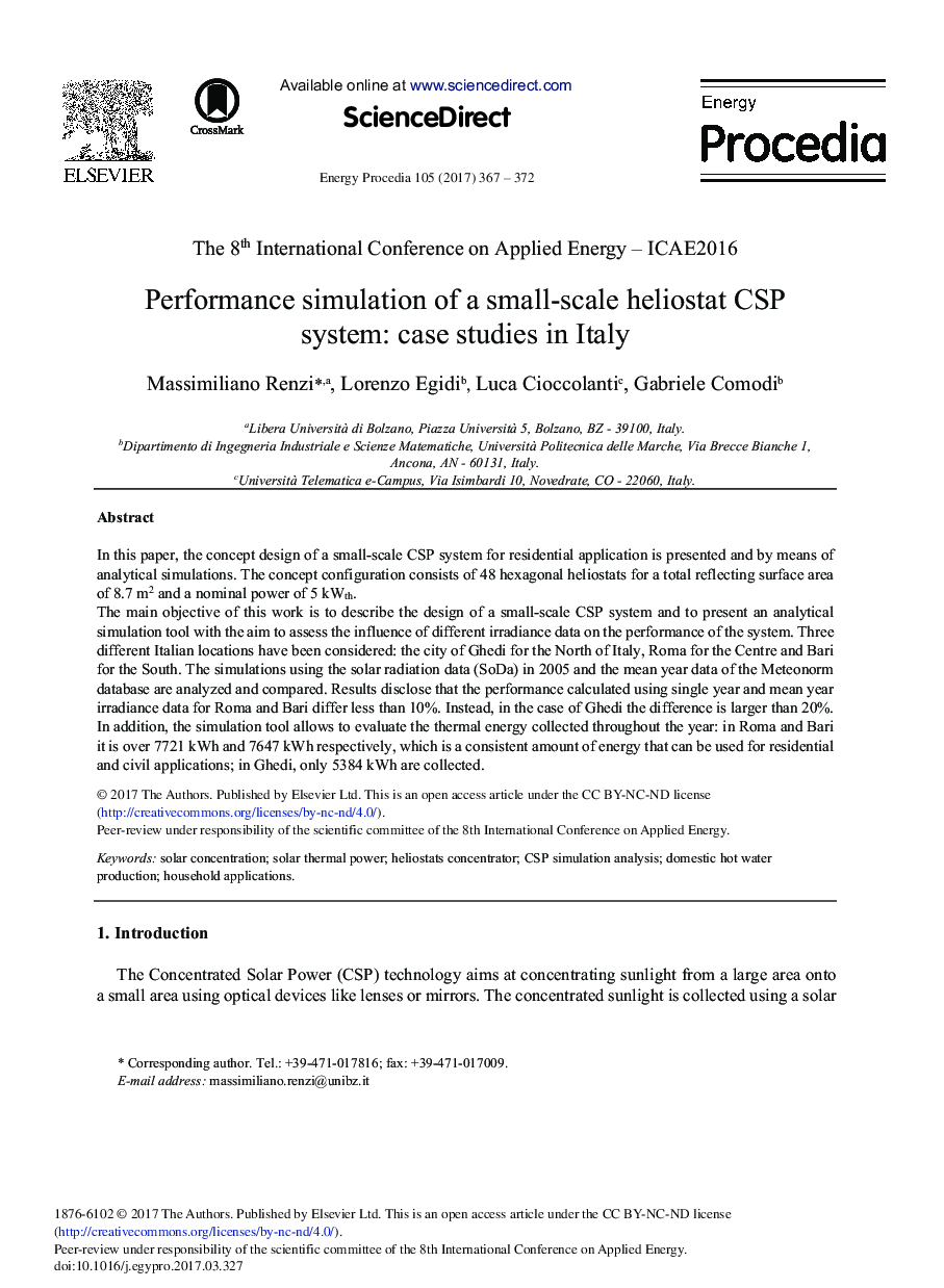 Performance Simulation of a Small-scale Heliostat CSP System: Case Studies in Italy