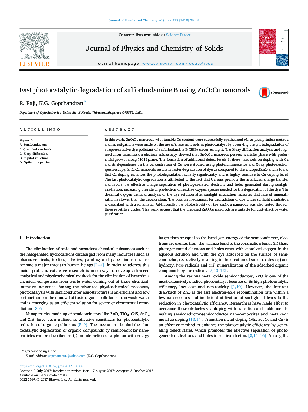 Fast photocatalytic degradation of sulforhodamine B using ZnO:Cu nanorods