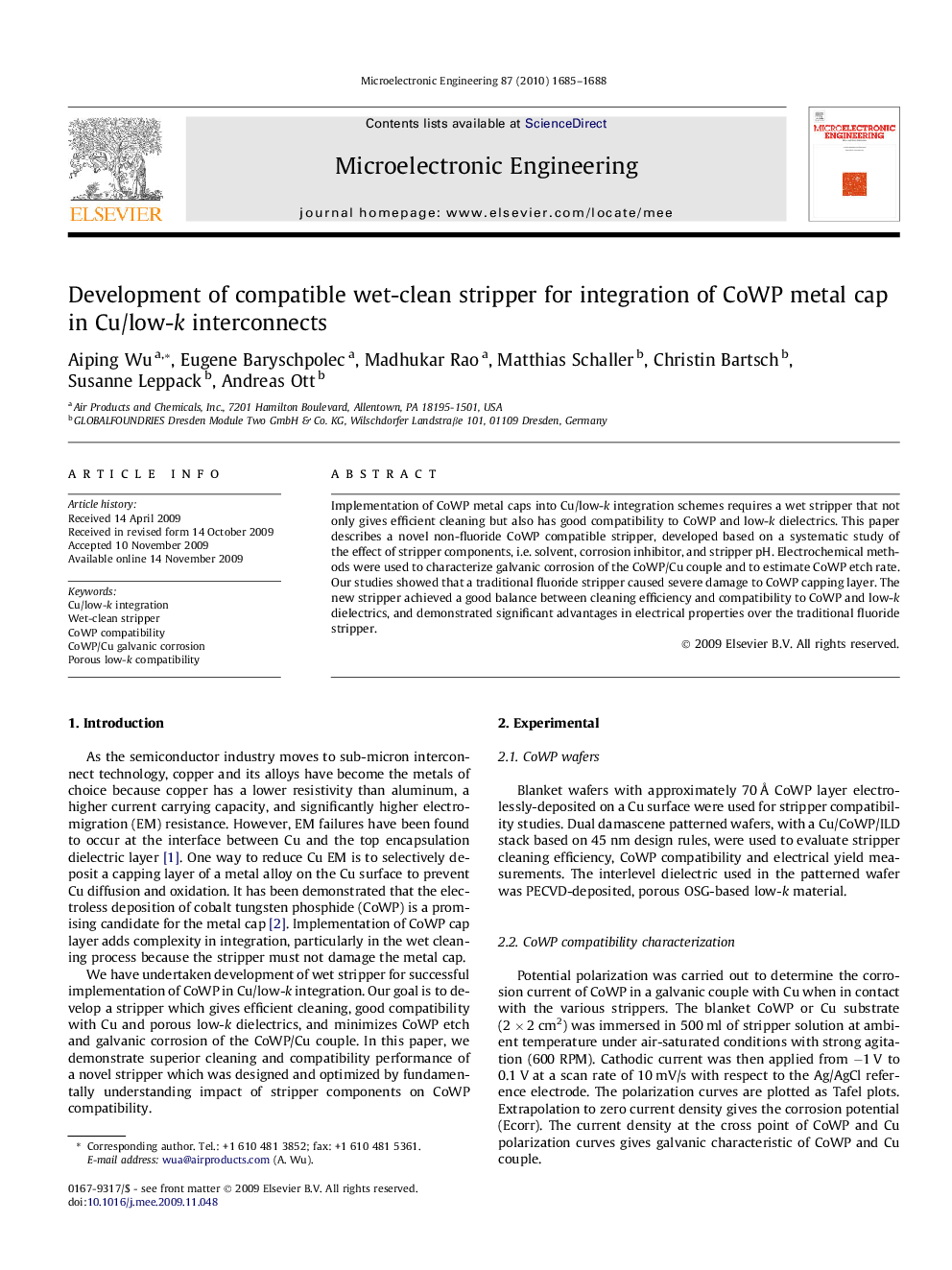 Development of compatible wet-clean stripper for integration of CoWP metal cap in Cu/low-k interconnects