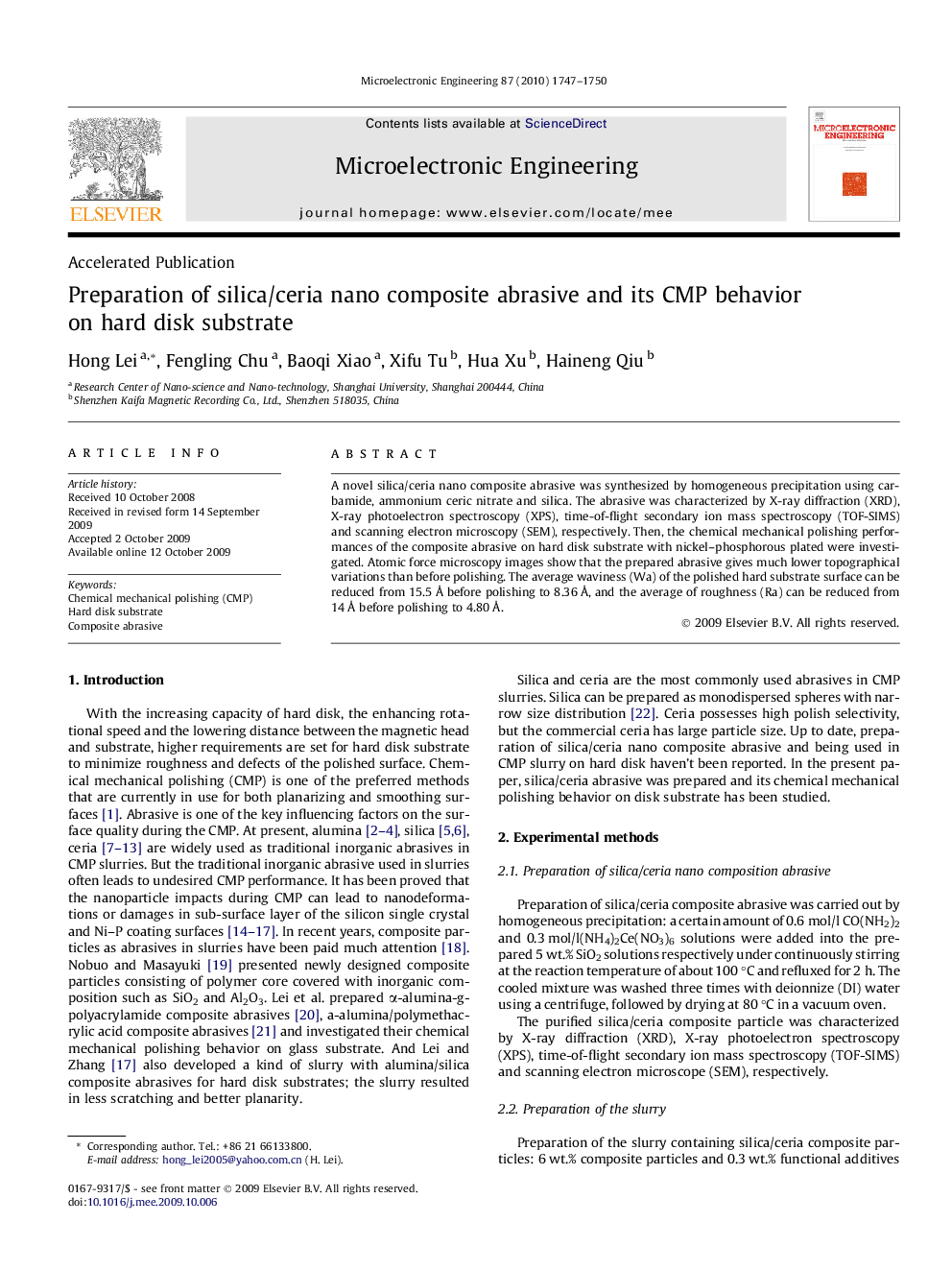 Preparation of silica/ceria nano composite abrasive and its CMP behavior on hard disk substrate