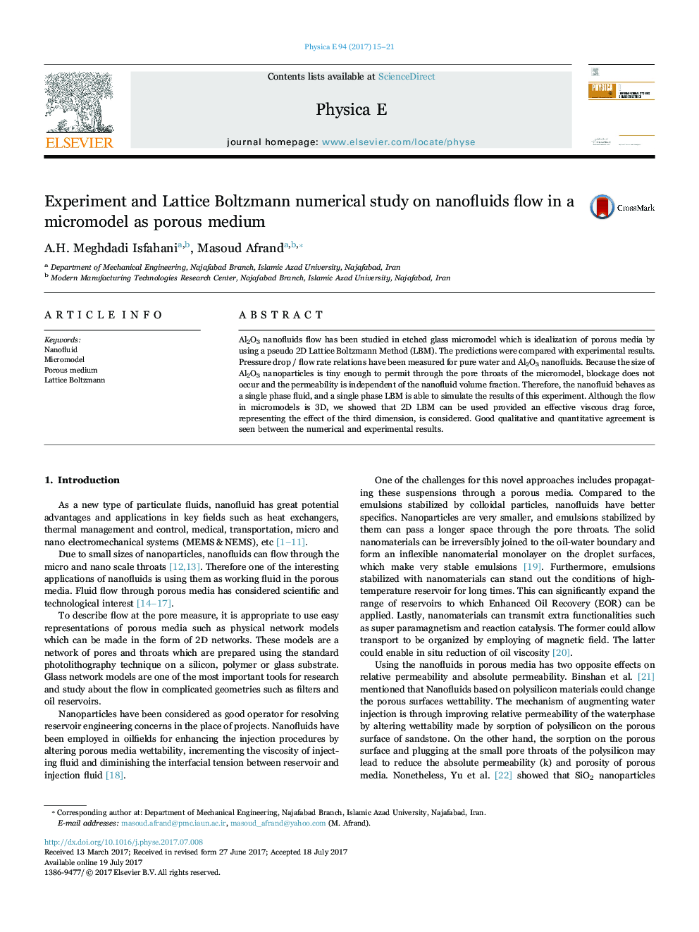 Experiment and Lattice Boltzmann numerical study on nanofluids flow in a micromodel as porous medium