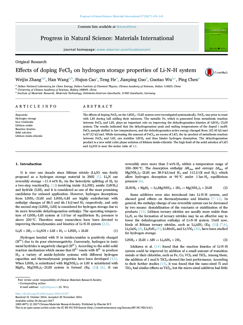 Effects of doping FeCl3 on hydrogen storage properties of Li-N-H system