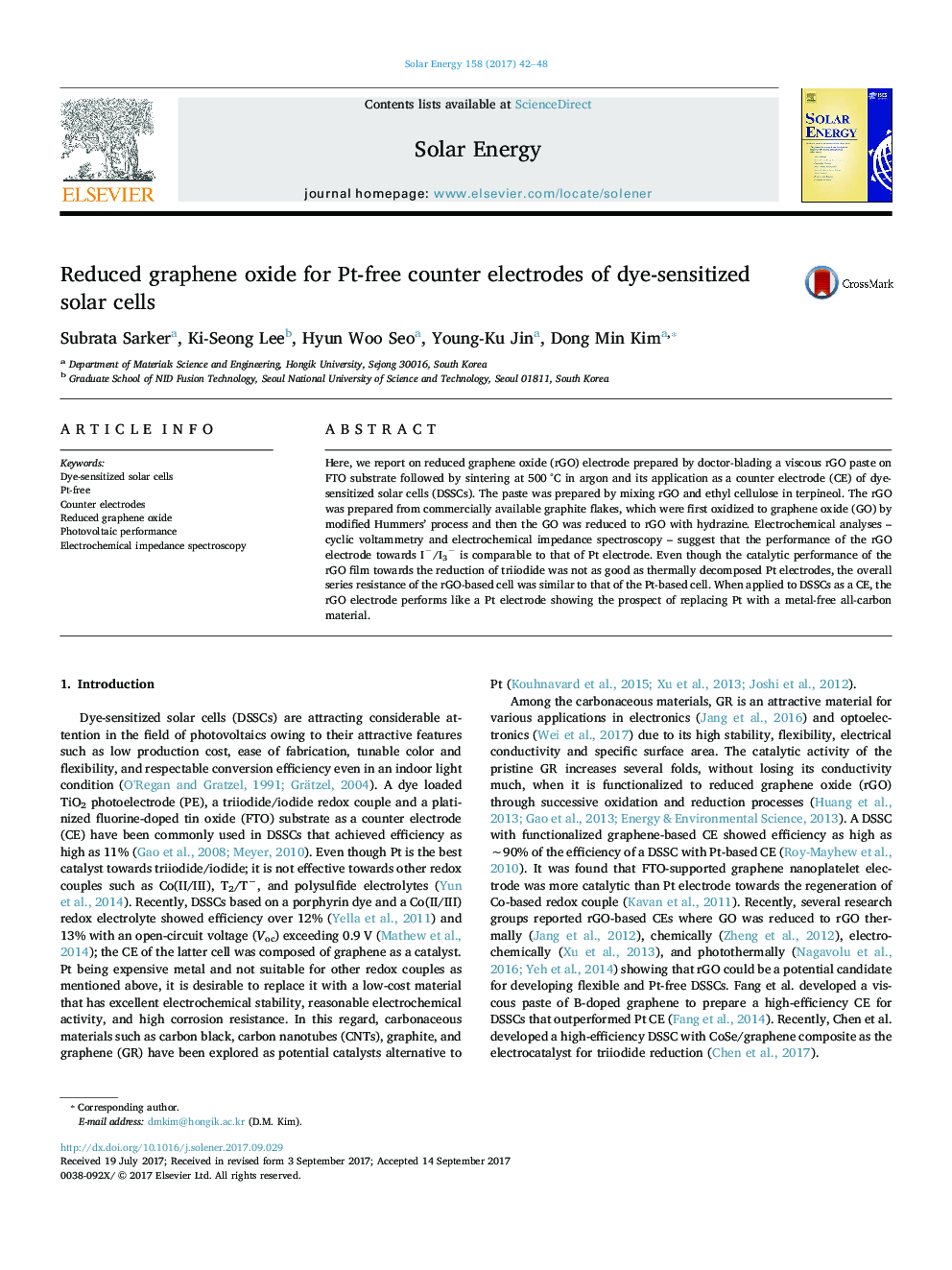 Reduced graphene oxide for Pt-free counter electrodes of dye-sensitized solar cells