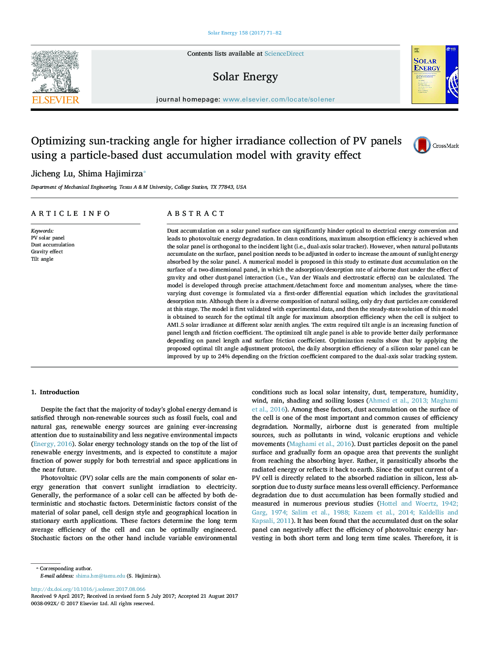 Optimizing sun-tracking angle for higher irradiance collection of PV panels using a particle-based dust accumulation model with gravity effect