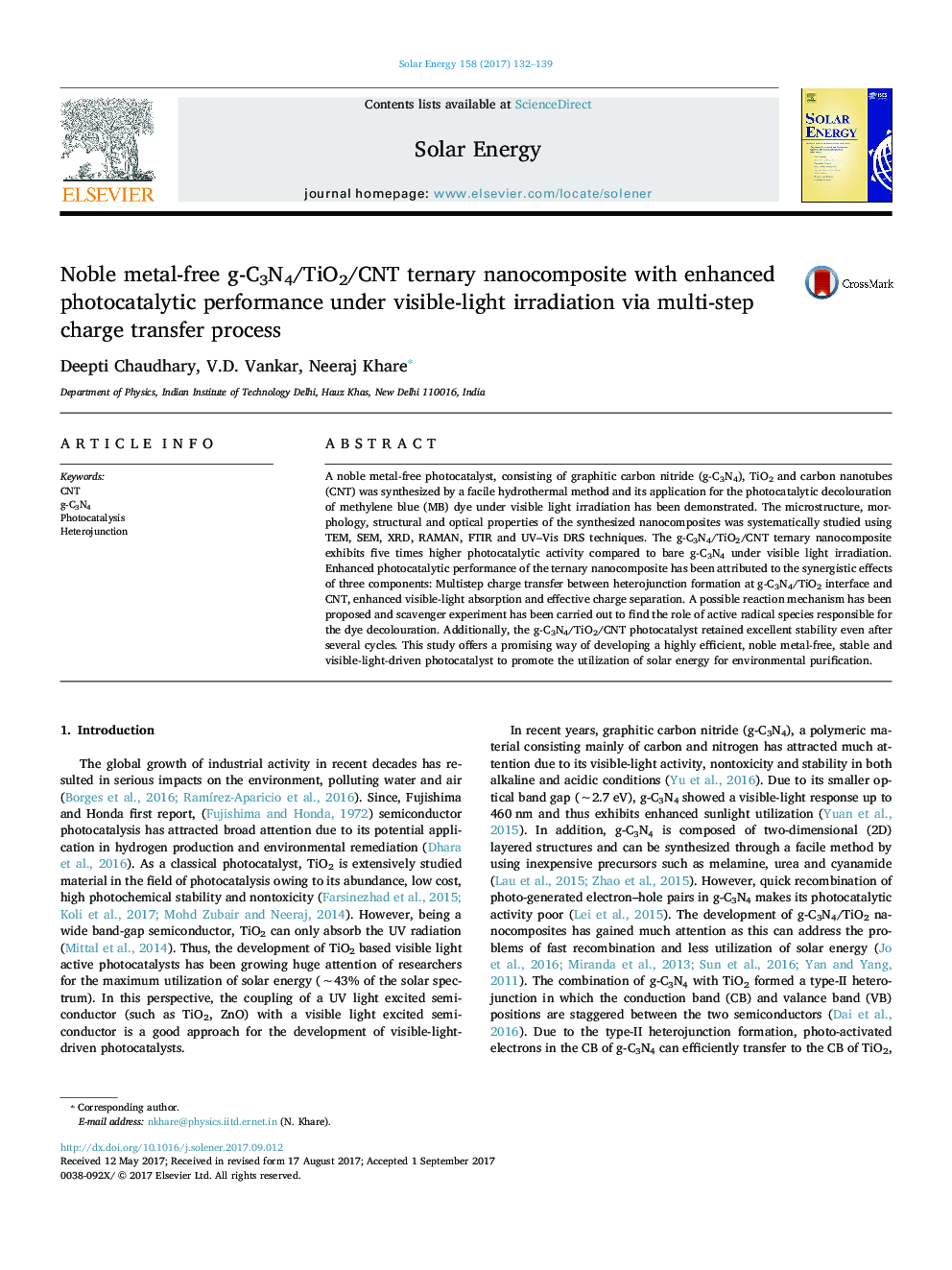 Noble metal-free g-C3N4/TiO2/CNT ternary nanocomposite with enhanced photocatalytic performance under visible-light irradiation via multi-step charge transfer process