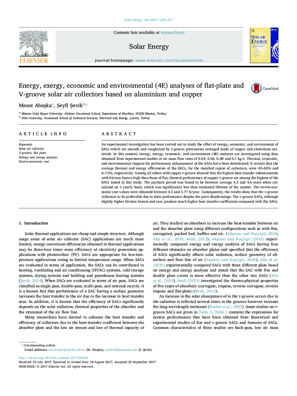 Energy, exergy, economic and environmental (4E) analyses of flat-plate and V-groove solar air collectors based on aluminium and copper