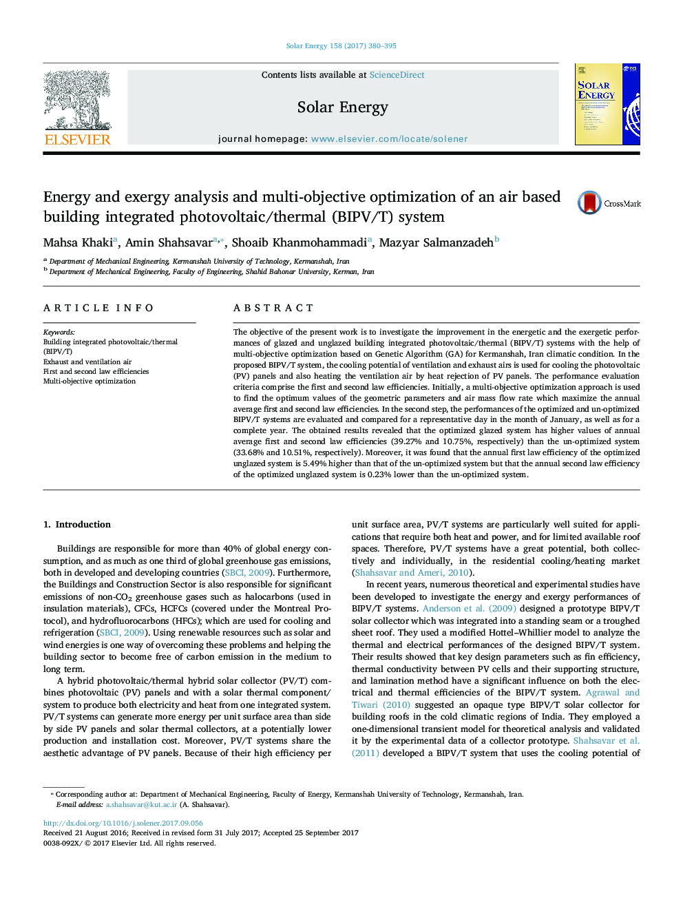 Energy and exergy analysis and multi-objective optimization of an air based building integrated photovoltaic/thermal (BIPV/T) system