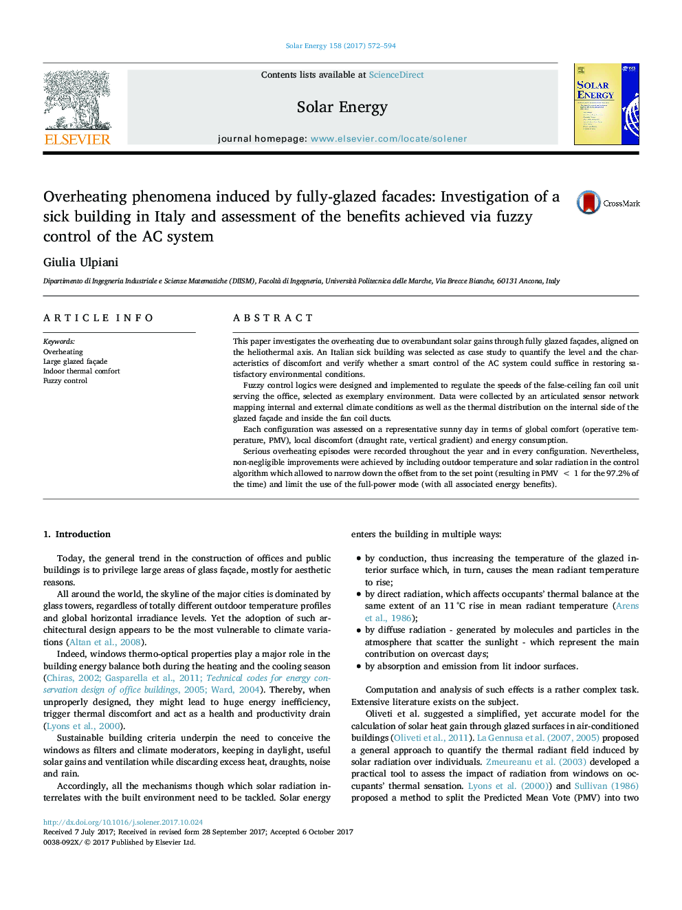 Overheating phenomena induced by fully-glazed facades: Investigation of a sick building in Italy and assessment of the benefits achieved via fuzzy control of the AC system