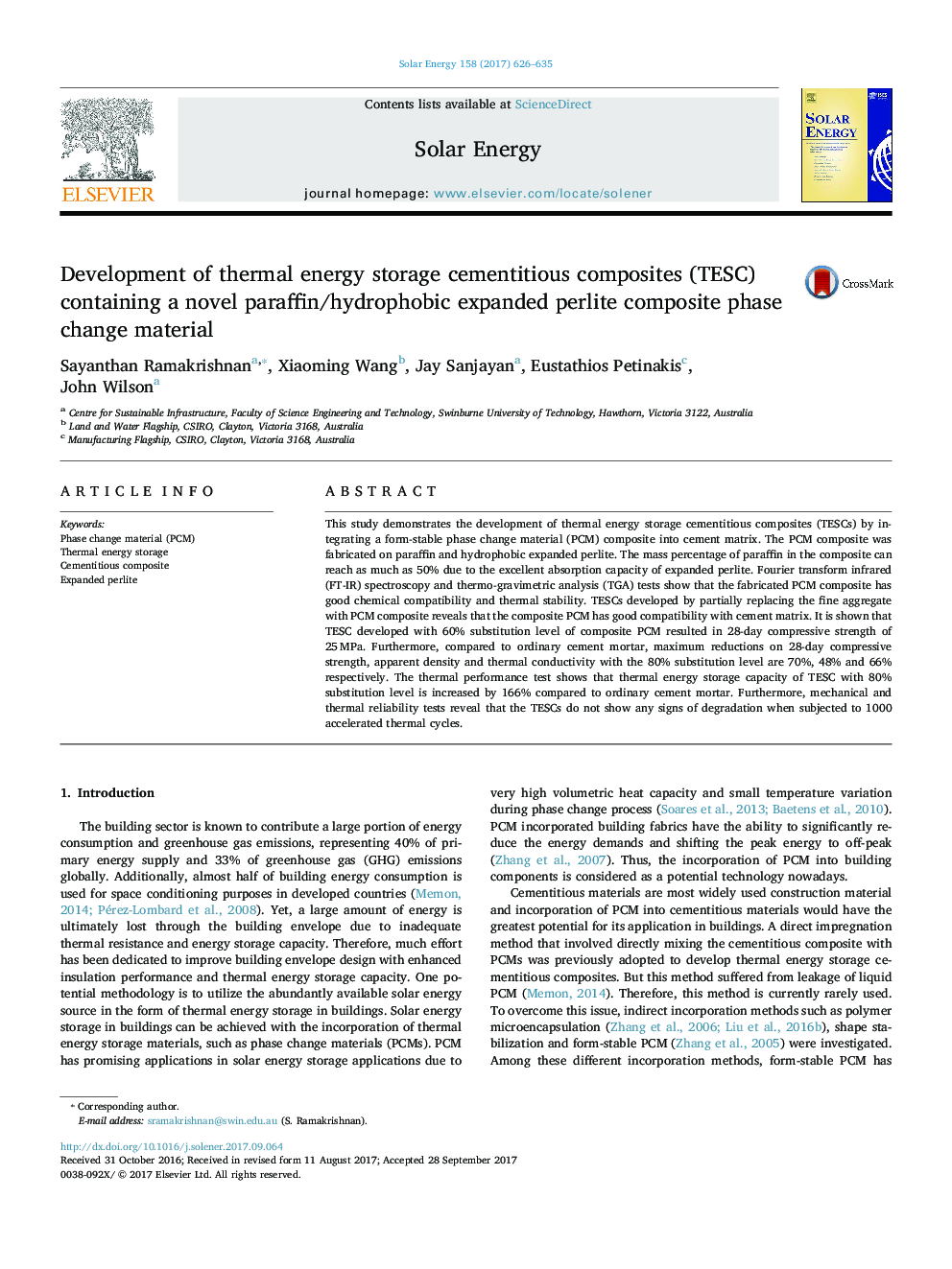 Development of thermal energy storage cementitious composites (TESC) containing a novel paraffin/hydrophobic expanded perlite composite phase change material