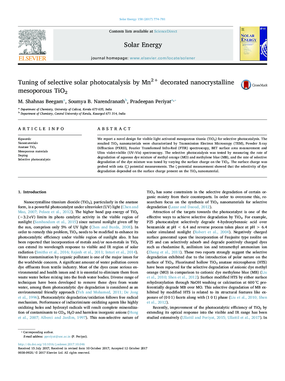 Tuning of selective solar photocatalysis by Mn2+ decorated nanocrystalline mesoporous TiO2