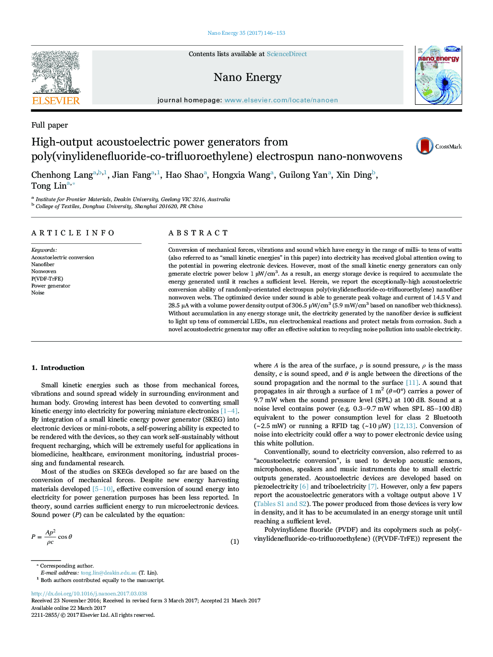 Full paperHigh-output acoustoelectric power generators from poly(vinylidenefluoride-co-trifluoroethylene) electrospun nano-nonwovens