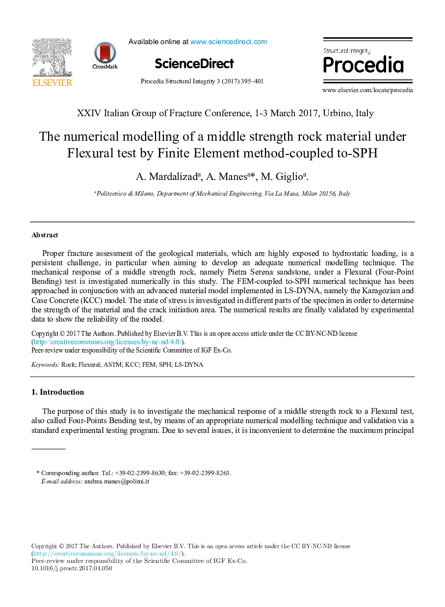 The numerical modelling of a middle strength rock material under Flexural test by Finite Element method-coupled to-SPH