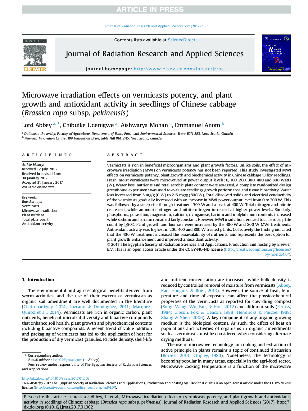 Microwave irradiation effects on vermicasts potency, and plant growth and antioxidant activity in seedlings of Chinese cabbage (Brassica rapa subsp. pekinensis)