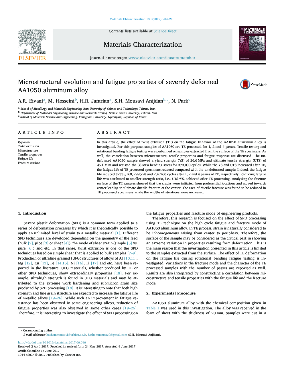 Microstructural evolution and fatigue properties of severely deformed AA1050 aluminum alloy
