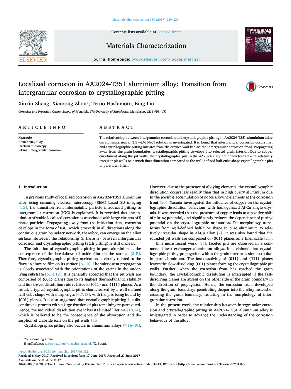 Localized corrosion in AA2024-T351 aluminium alloy: Transition from intergranular corrosion to crystallographic pitting