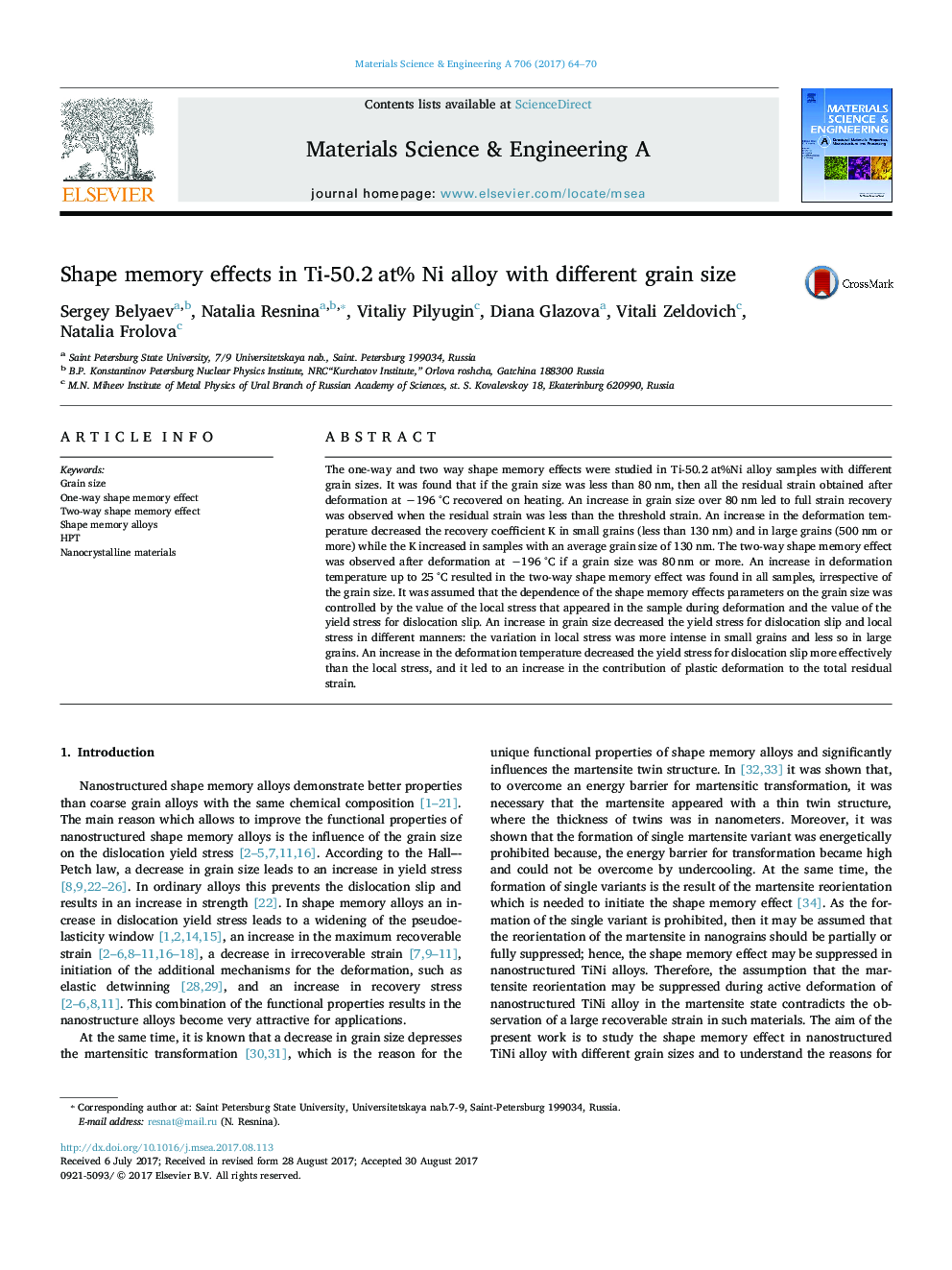 Shape memory effects in Ti-50.2Â at% Ni alloy with different grain size