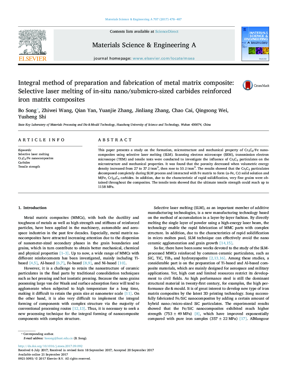 Integral method of preparation and fabrication of metal matrix composite: Selective laser melting ofÂ in-situ nano/submicro-sized carbides reinforced iron matrix composites