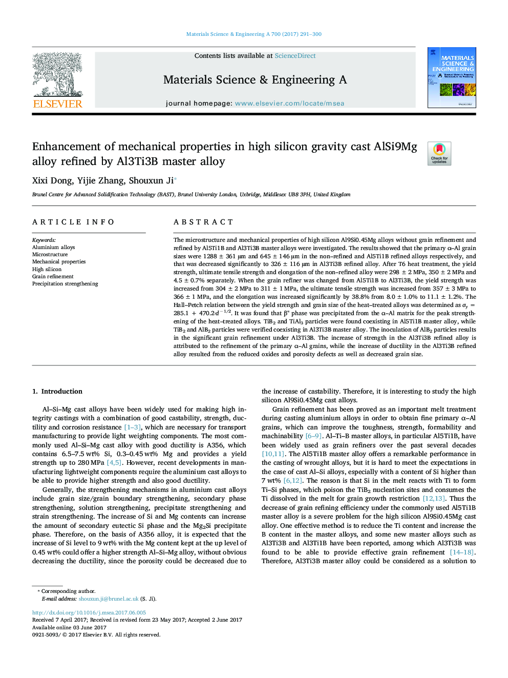 Enhancement of mechanical properties in high silicon gravity cast AlSi9Mg alloy refined by Al3Ti3B master alloy