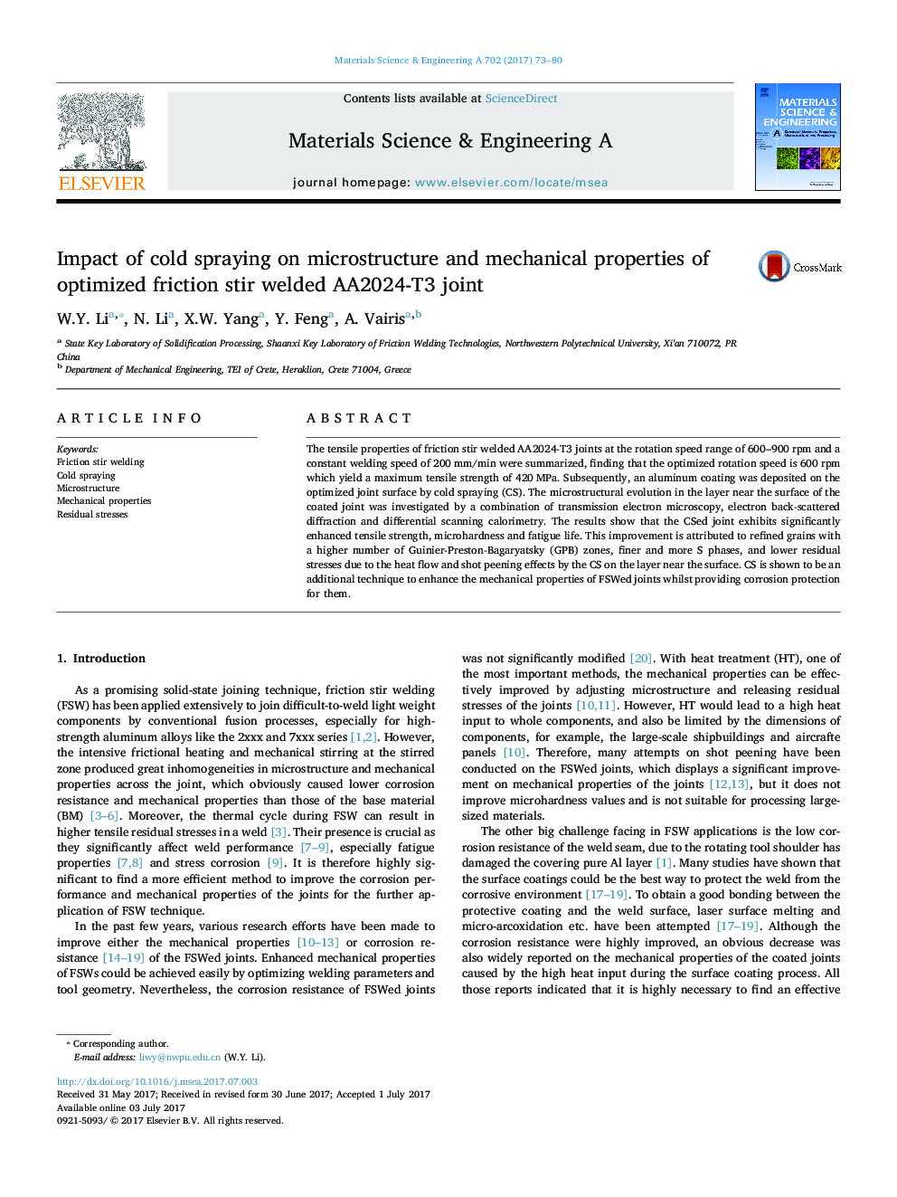 Impact of cold spraying on microstructure and mechanical properties of optimized friction stir welded AA2024-T3 joint