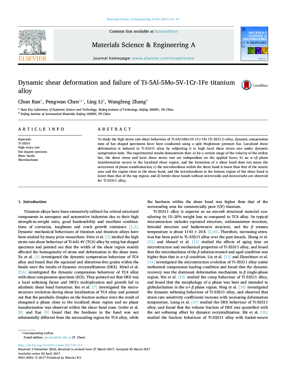 Dynamic shear deformation and failure of Ti-5Al-5Mo-5V-1Cr-1Fe titanium alloy