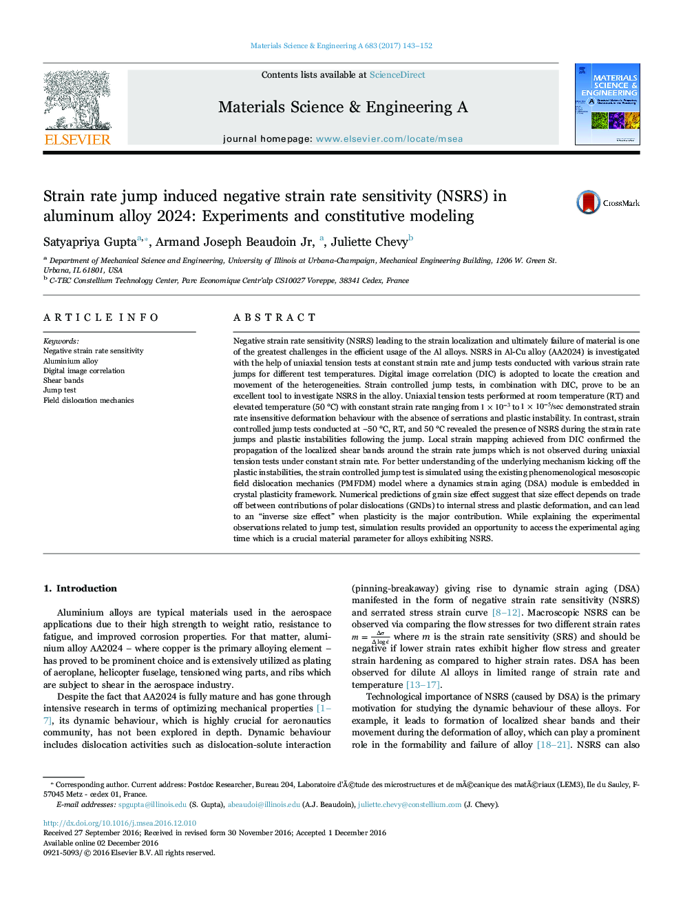 Strain rate jump induced negative strain rate sensitivity (NSRS) in aluminum alloy 2024: Experiments and constitutive modeling