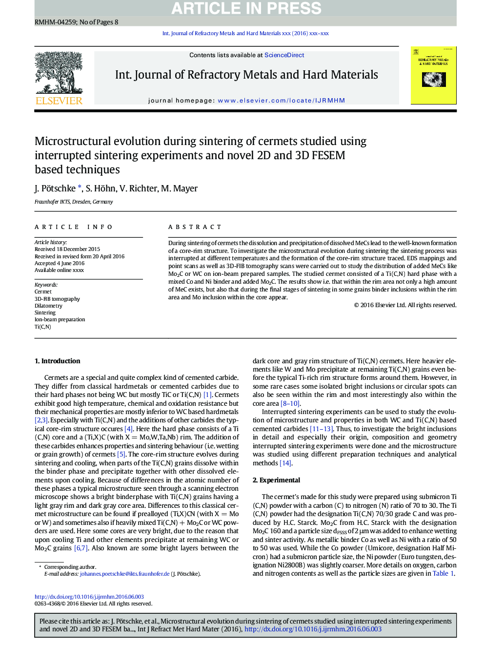 Microstructural evolution during sintering of cermets studied using interrupted sintering experiments and novel 2D and 3D FESEM based techniques