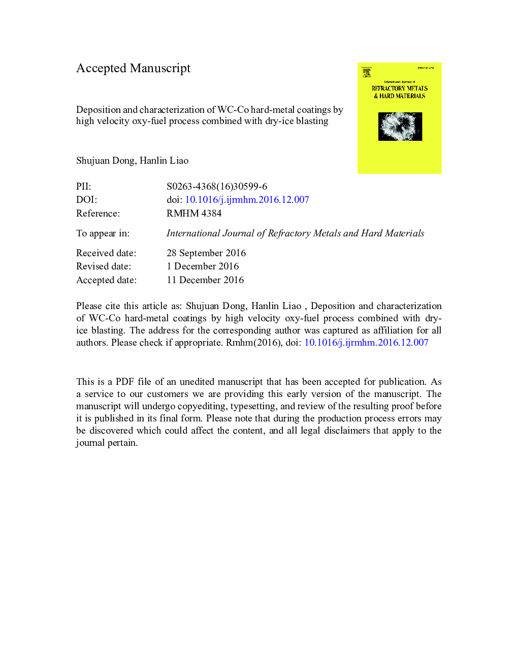 Deposition and characterization of WC-Co hard-metal coatings by high velocity oxy-fuel process combined with dry-ice blasting