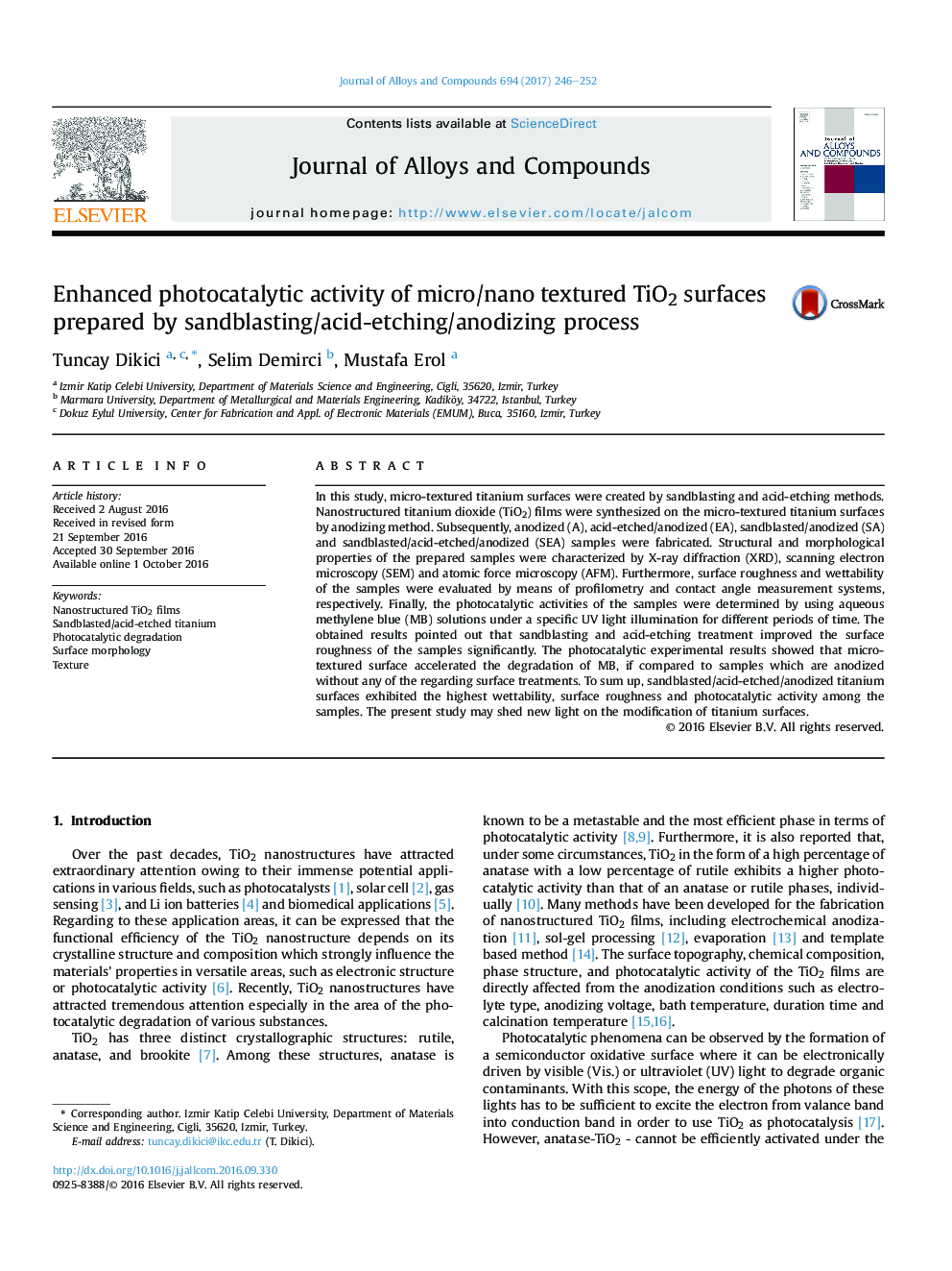 Enhanced photocatalytic activity of micro/nano textured TiO2 surfaces prepared by sandblasting/acid-etching/anodizing process