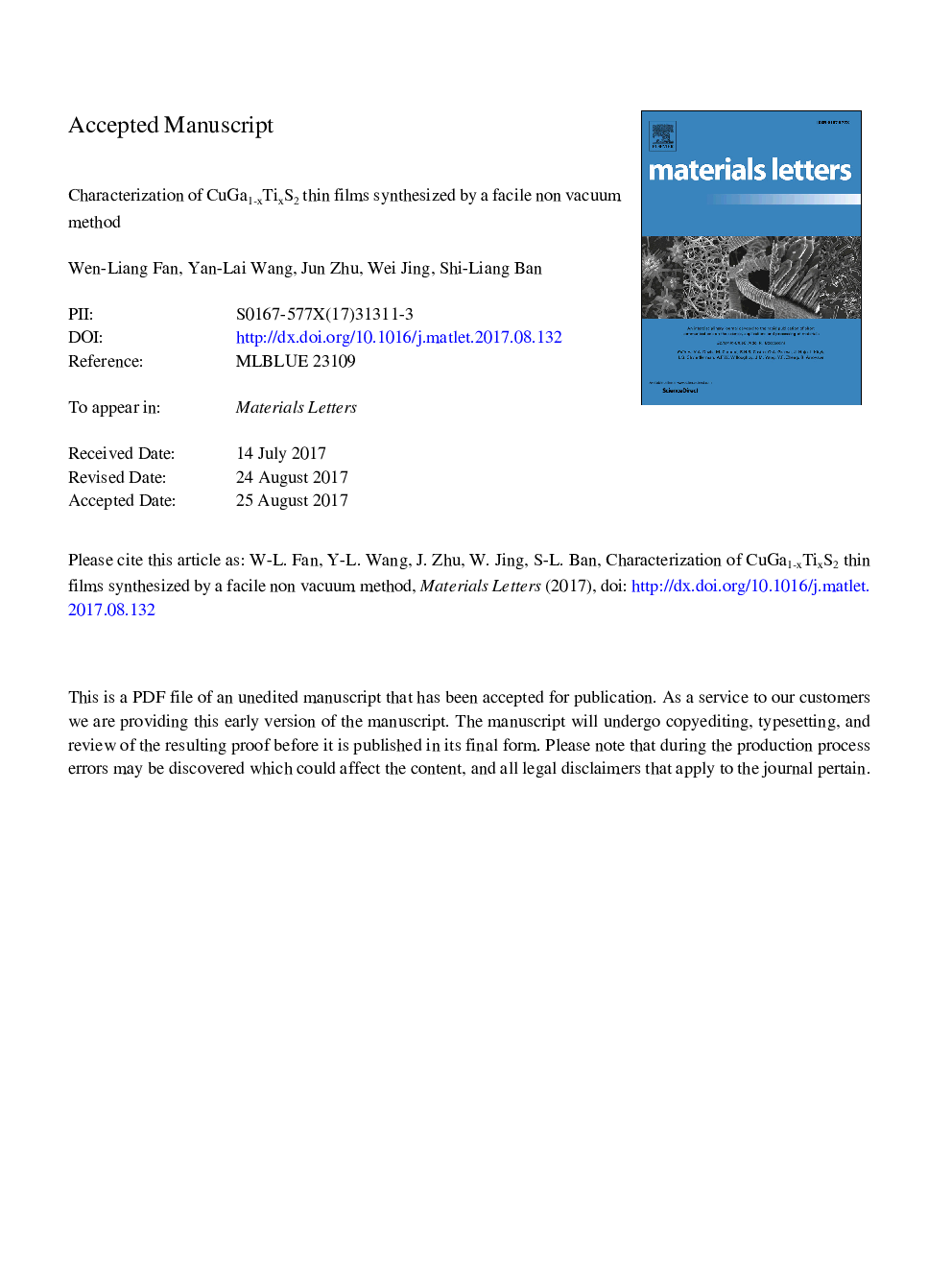 Characterization of CuGa1âxTixS2 thin films synthesized by a facile non vacuum method