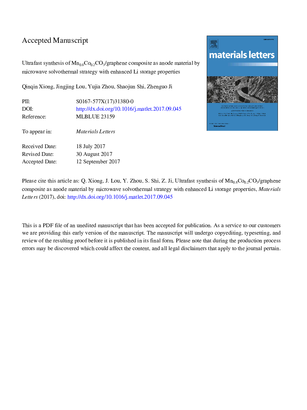 Ultrafast synthesis of Mn0.8Co0.2CO3/graphene composite as anode material by microwave solvothermal strategy with enhanced Li storage properties