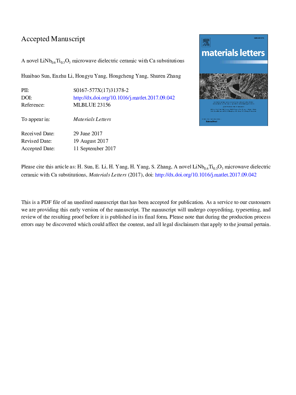 A novel LiNb0.6Ti0.5O3 microwave dielectric ceramic with Ca substitutions