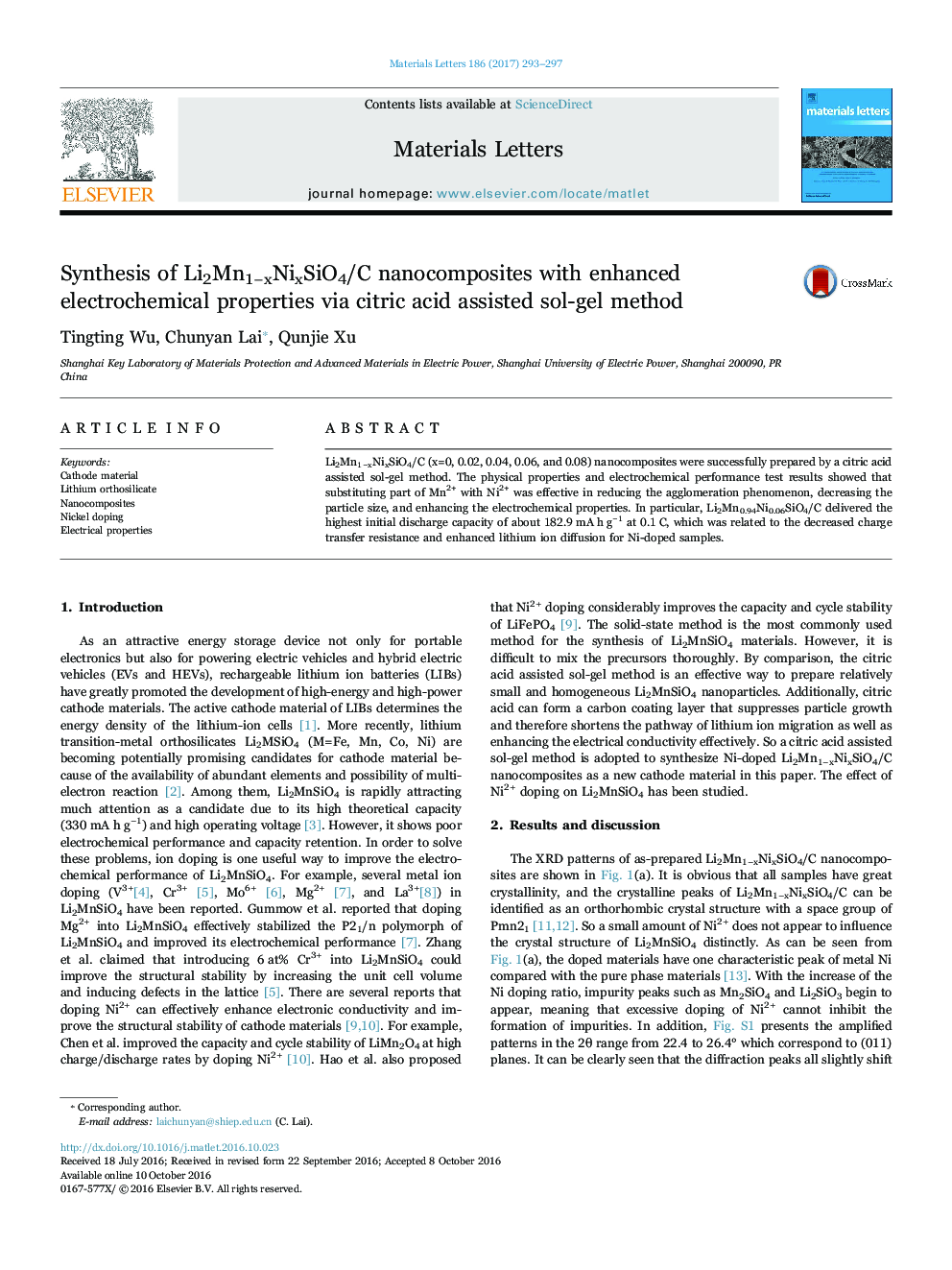 Synthesis of Li2Mn1âxNixSiO4/C nanocomposites with enhanced electrochemical properties via citric acid assisted sol-gel method